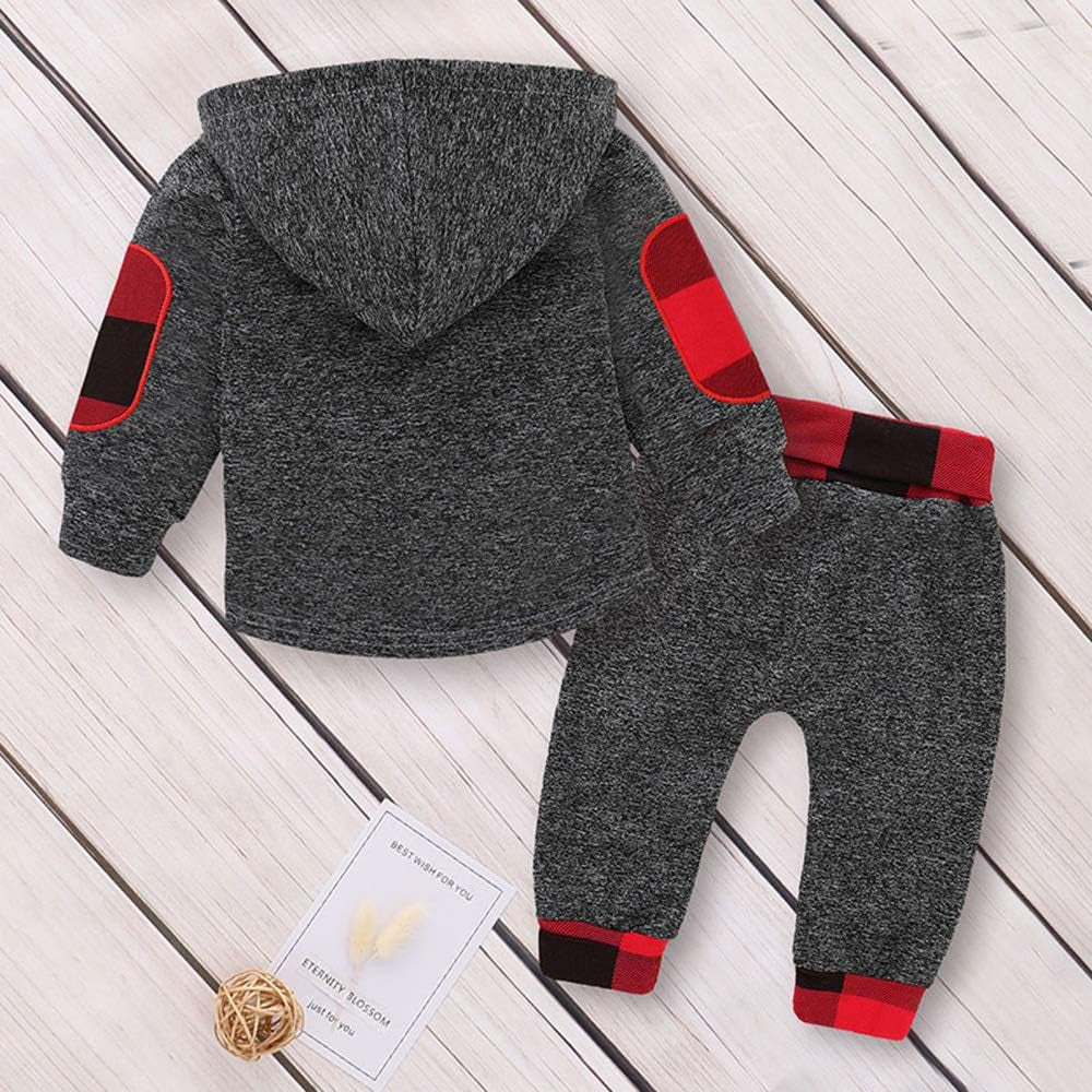 Toddler Infant Baby Boys Clothes Plaid Long Sleeve Hoodie Sweatshirt Pants Kids Xmas Fall Winter 2Pcs Outfits Set