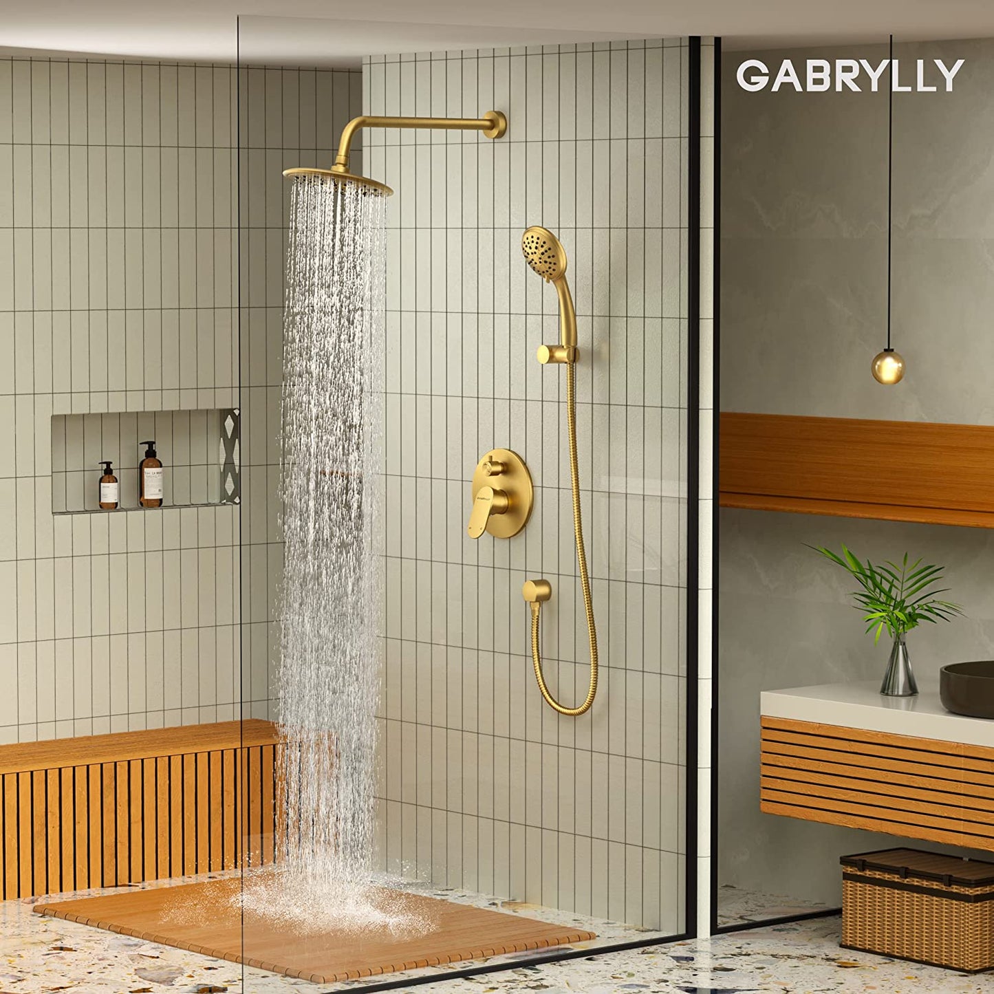 Gold Shower System, 8" Rain Shower Head with Handheld Shower, Rainfall Shower Faucets Set Complete with Pressure Balance Shower Valve