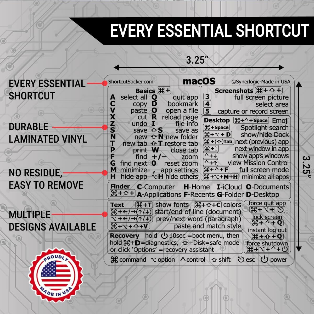 Mac OS Shortcuts Sticker | Keyboard Stickers for Macos | No-Residue Laminated Vinyl Macbook Cheatsheet for Laptop | Macbook Shortcuts 2025 (Clear/Black)