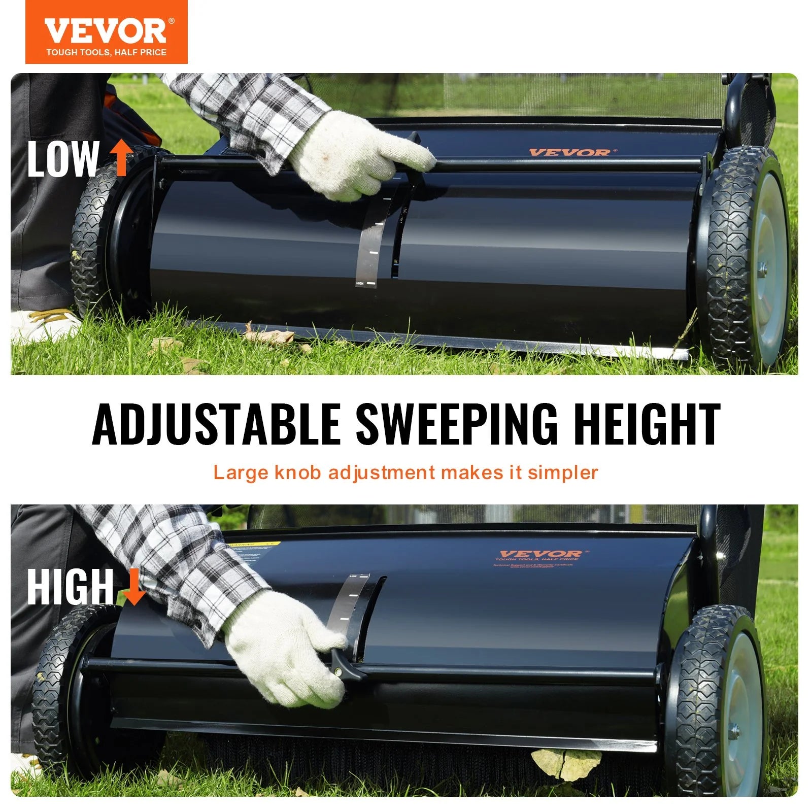 VEVOR Push Lawn Sweeper, 26 Inch Leaf & Grass Collector, Strong Rubber Wheels & Heavy Duty Thickened Steel Durable to Use with Large Capacity 7 Ft? Mesh Collection Bag, 4 Spinning Brushes