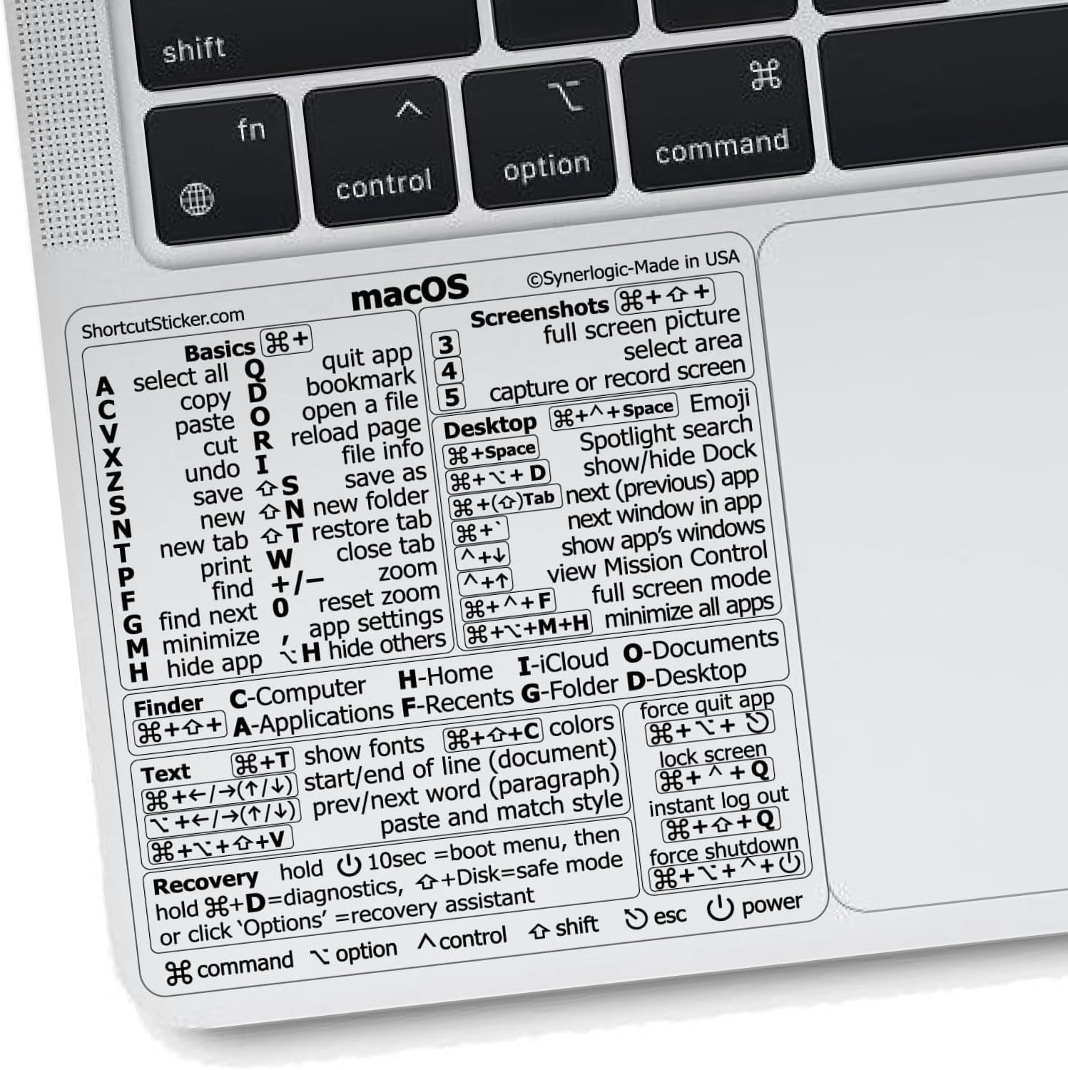 Mac OS Shortcuts Sticker | Keyboard Stickers for Macos | No-Residue Laminated Vinyl Macbook Cheatsheet for Laptop | Macbook Shortcuts 2025 (Clear/Black)