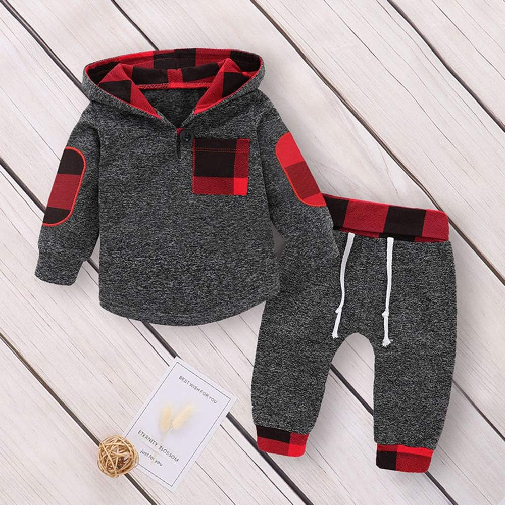 Toddler Infant Baby Boys Clothes Plaid Long Sleeve Hoodie Sweatshirt Pants Kids Xmas Fall Winter 2Pcs Outfits Set