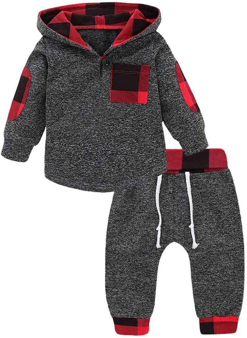 Toddler Infant Baby Boys Clothes Plaid Long Sleeve Hoodie Sweatshirt Pants Kids Xmas Fall Winter 2Pcs Outfits Set