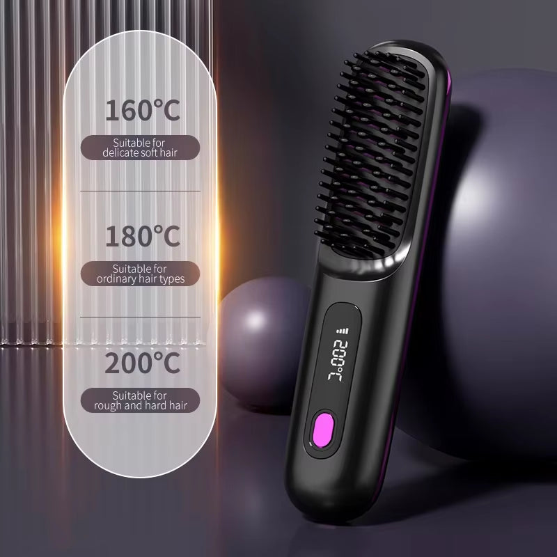 Electric LCD Usb Ceramic Heating Straight Hair Comb Wireless Portable Negative Ion Styling Tool Rechargeable Straightening Brush