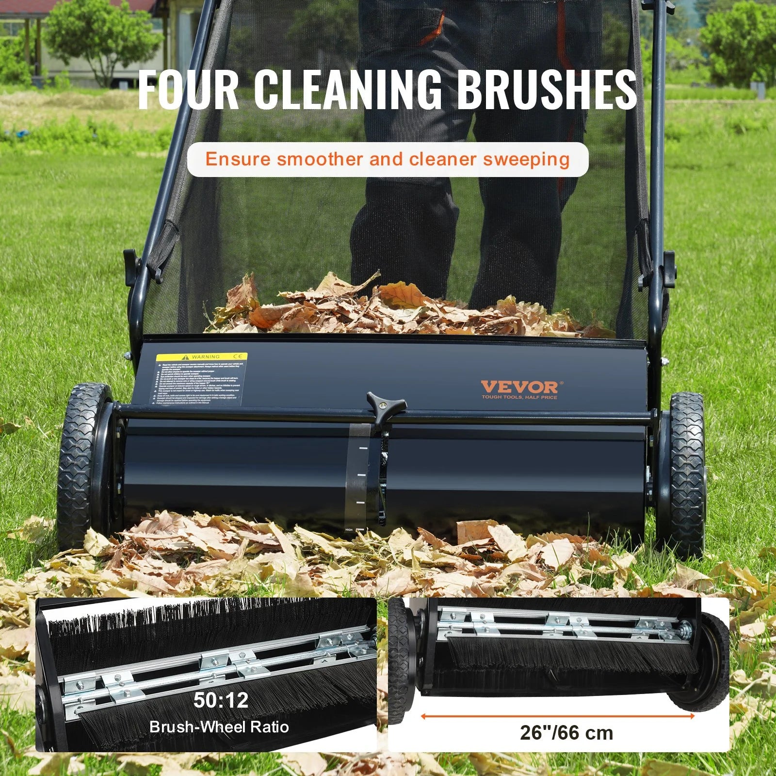 VEVOR Push Lawn Sweeper, 26 Inch Leaf & Grass Collector, Strong Rubber Wheels & Heavy Duty Thickened Steel Durable to Use with Large Capacity 7 Ft? Mesh Collection Bag, 4 Spinning Brushes