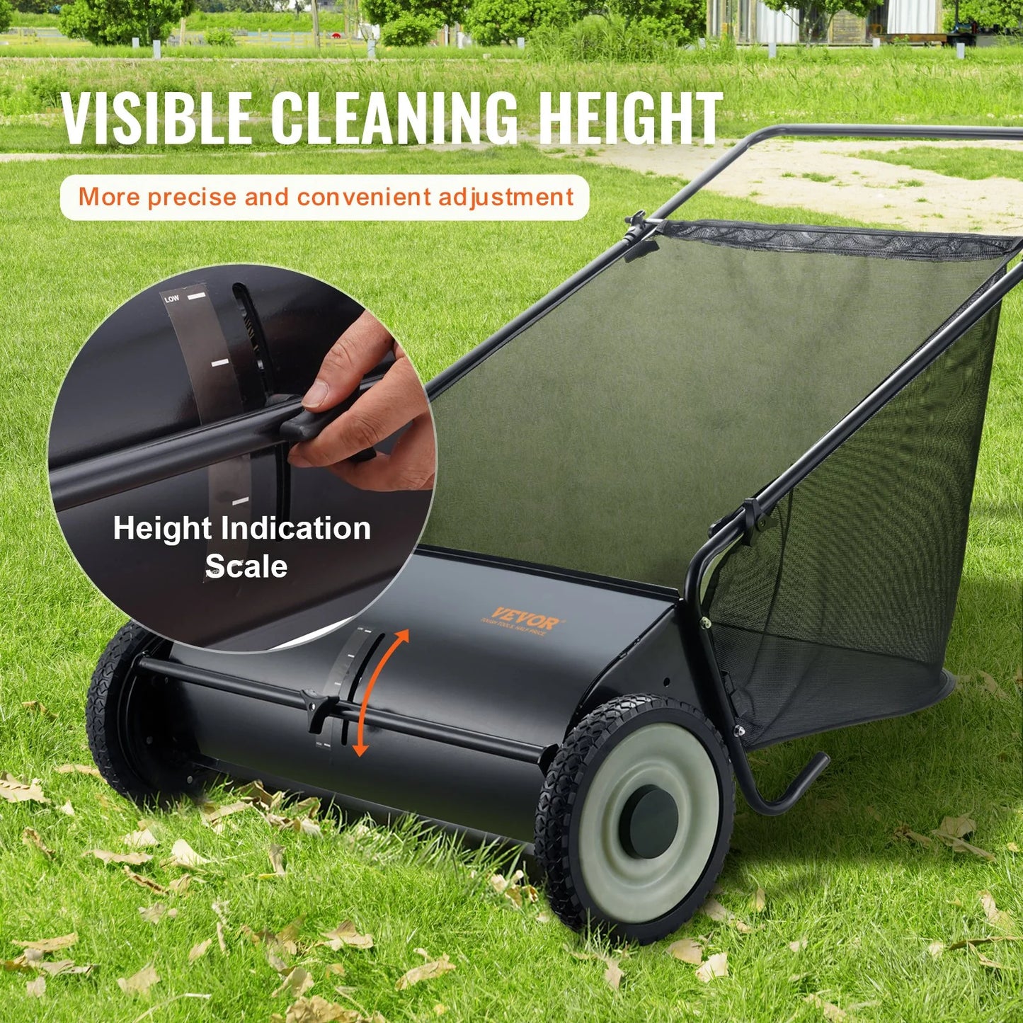 VEVOR Push Lawn Sweeper, 26 Inch Leaf & Grass Collector, Strong Rubber Wheels & Heavy Duty Thickened Steel Durable to Use with Large Capacity 7 Ft? Mesh Collection Bag, 4 Spinning Brushes