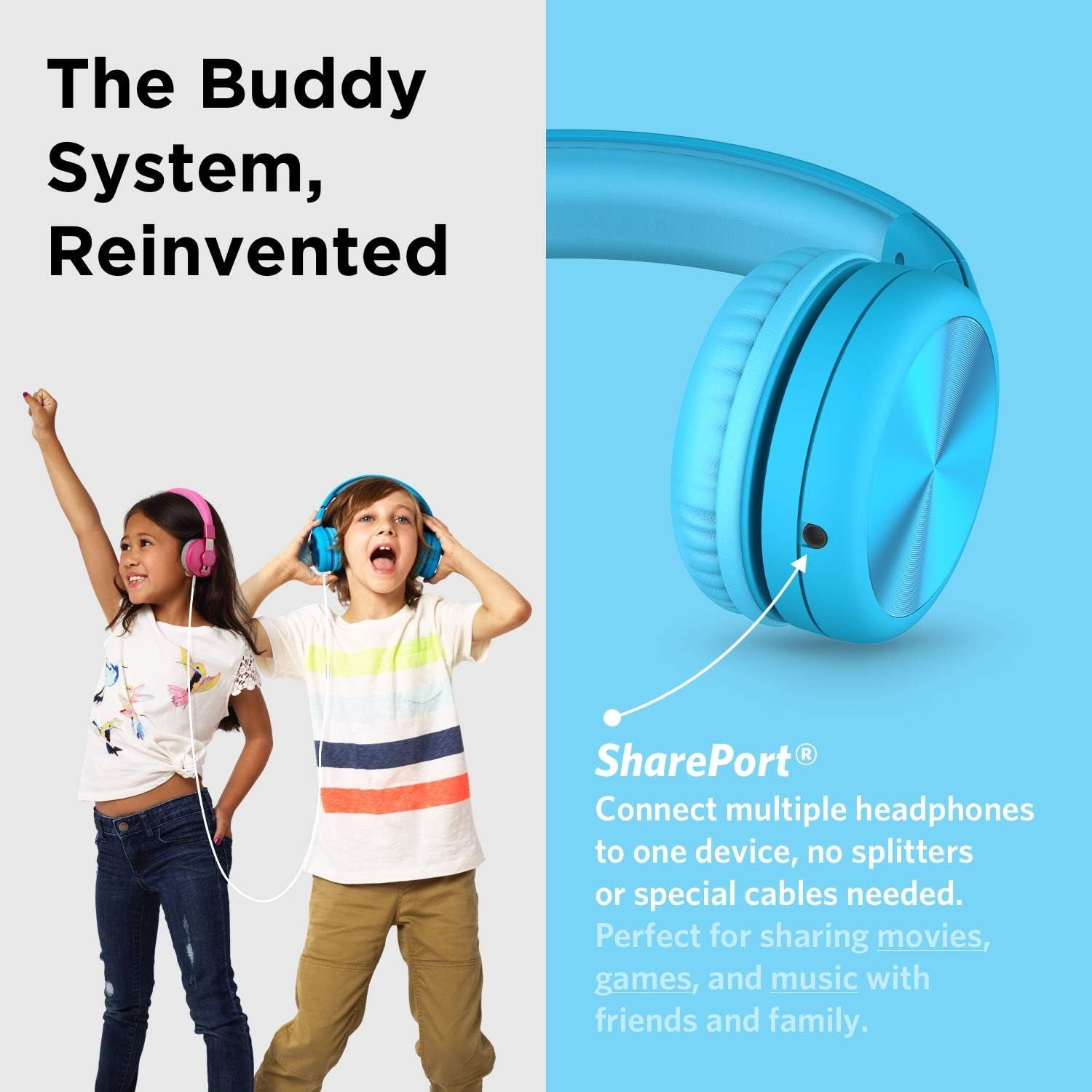 Connect+ Pro Wired Kids Headphones for School with Microphone, Volume Limiting & Noise Reduction Over-Ear Headset with Cord, Shareport Technology & Softtouch Padding, Blue