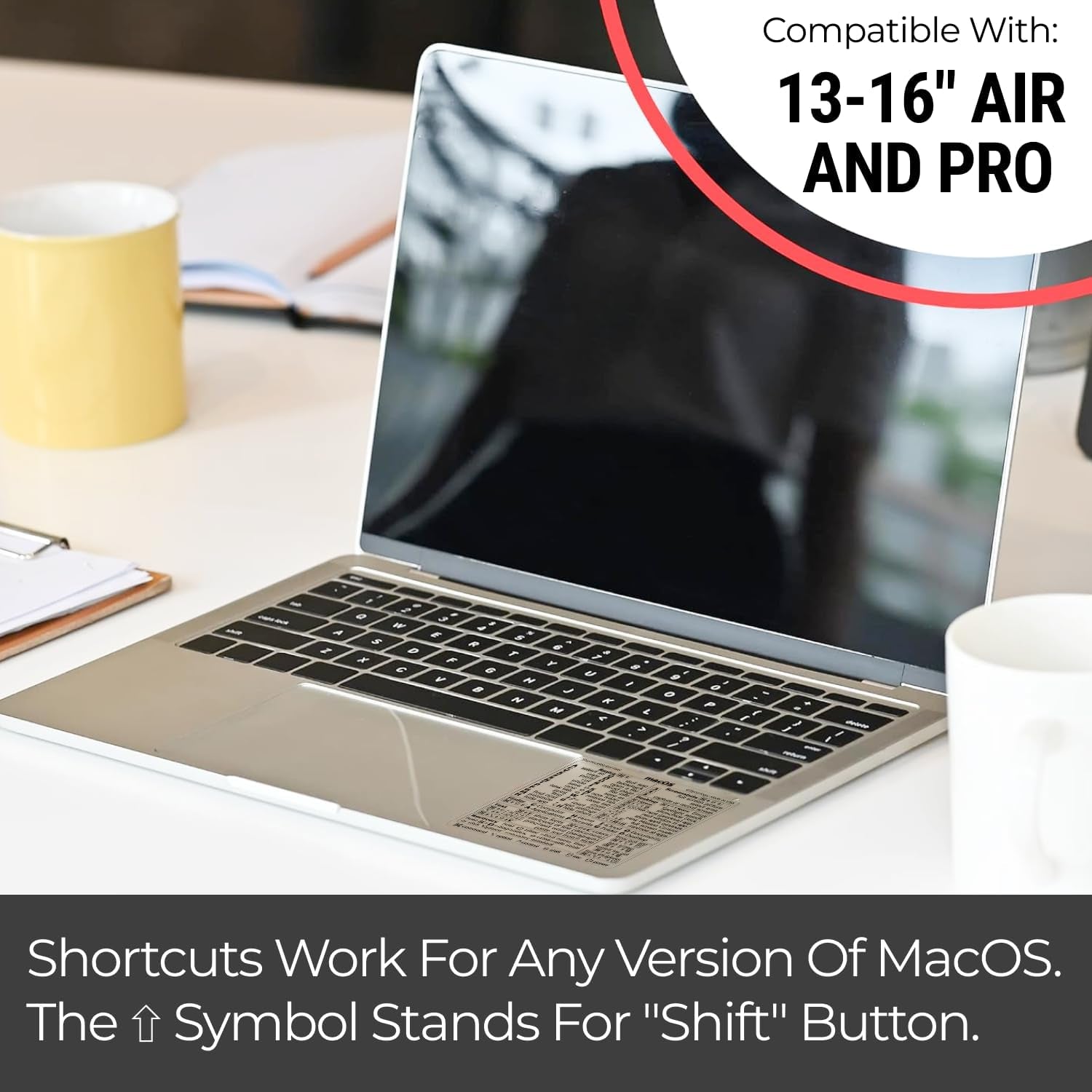 Mac OS Shortcuts Sticker | Keyboard Stickers for Macos | No-Residue Laminated Vinyl Macbook Cheatsheet for Laptop | Macbook Shortcuts 2025 (Clear/Black)