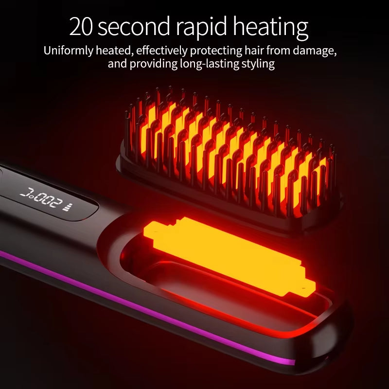 Electric LCD Usb Ceramic Heating Straight Hair Comb Wireless Portable Negative Ion Styling Tool Rechargeable Straightening Brush