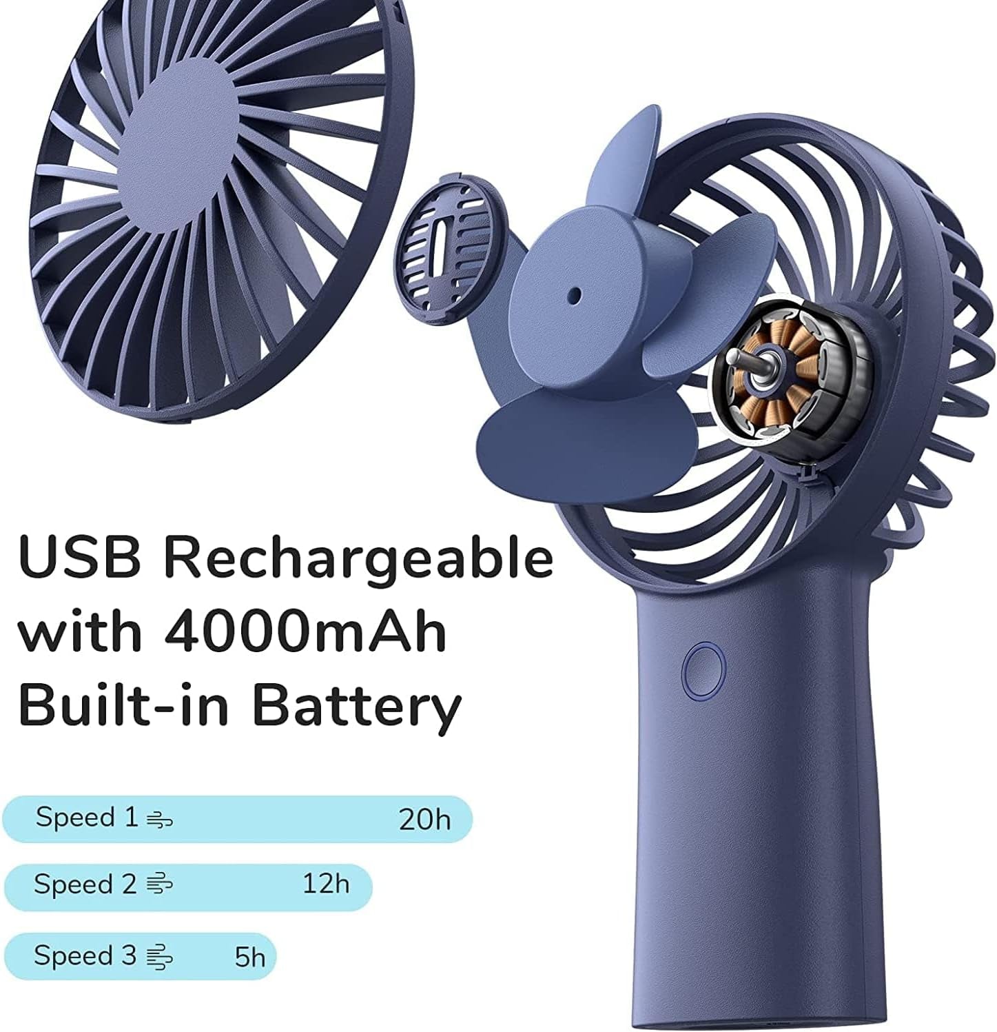 Handheld Fan with 20 Hours of Cooling, 4000Mah Battery, USB Rechargeable Portable Fan for Travel, Makeup, Concerts & Commute – Stay Cool Everywhere (Blue)