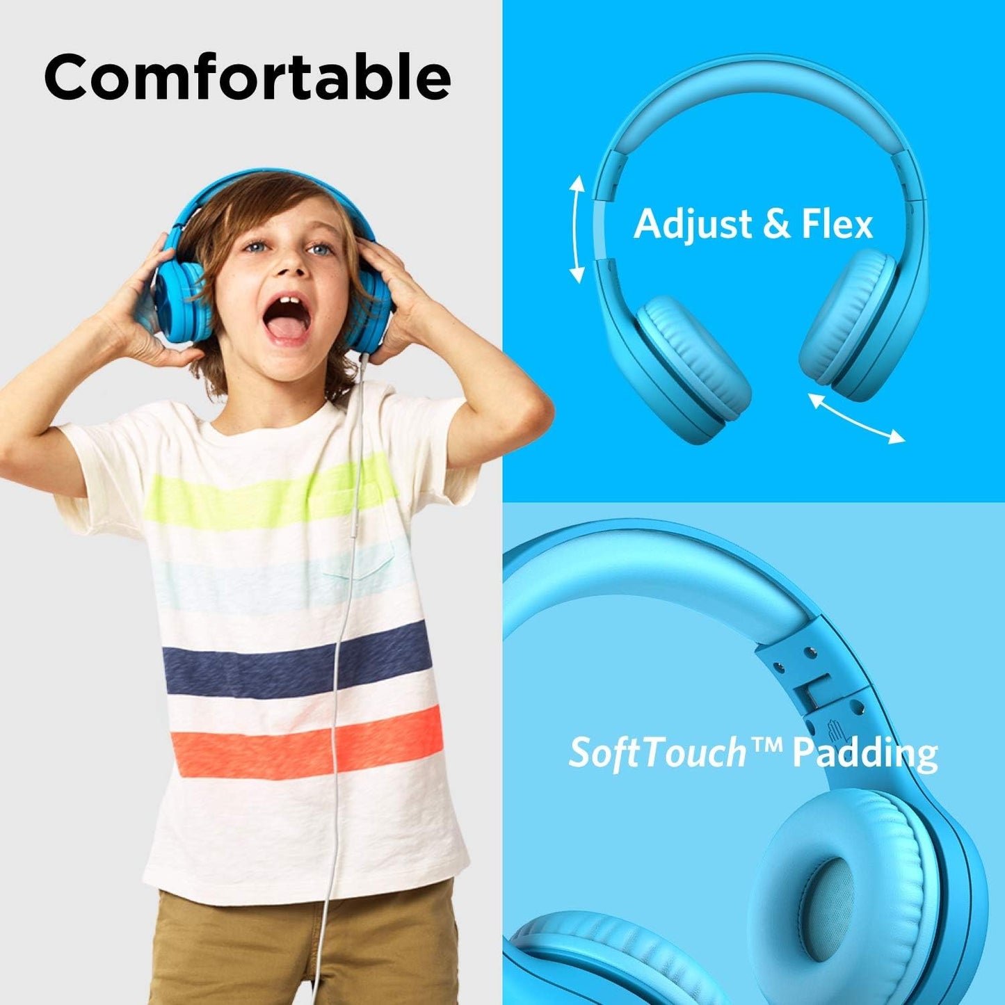 Connect+ Pro Wired Kids Headphones for School with Microphone, Volume Limiting & Noise Reduction Over-Ear Headset with Cord, Shareport Technology & Softtouch Padding, Blue